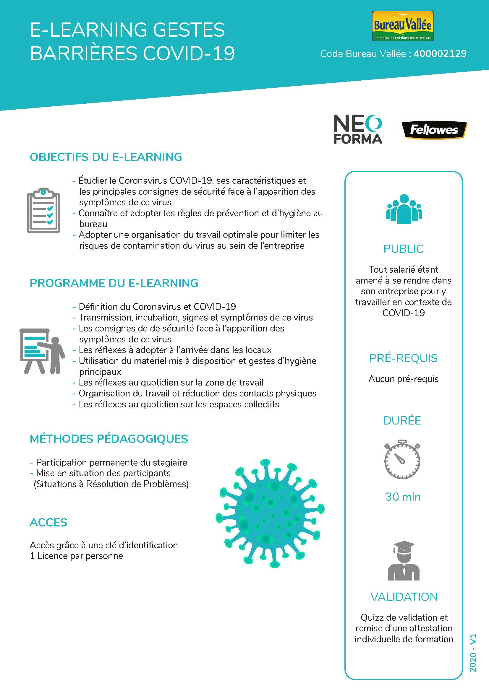 E-learning et webinaire Fellowes 1 FICHE FORMATION E LEARNING GESTES BARRIERES BUREAU VALLEE 400002129