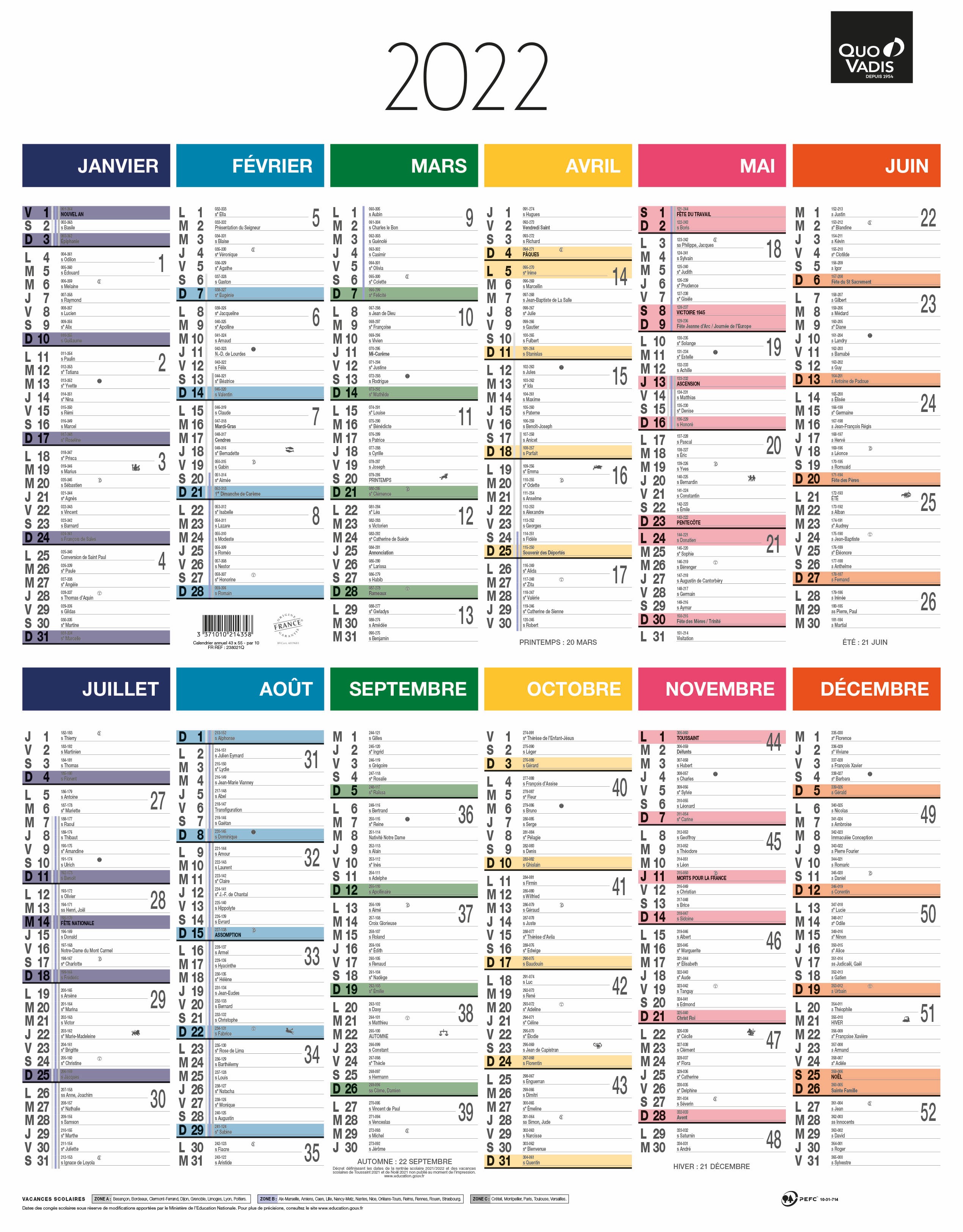 Quo Vadis Arc en Ciel - Calendrier vertical 12 mois sur 1 face - 43 x