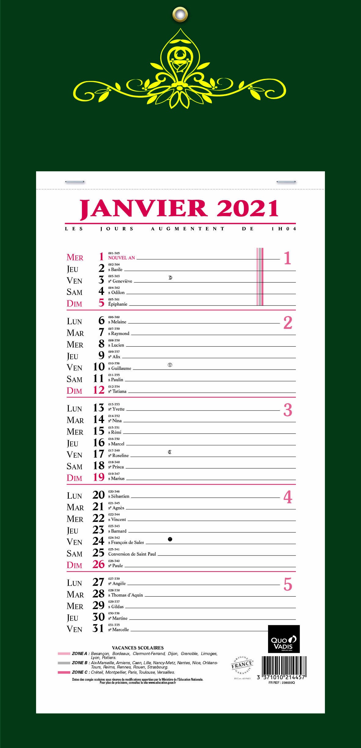 Quo Vadis Skytos - Calendrier bloc mensuel - 20 x 41,5 cm - disponible