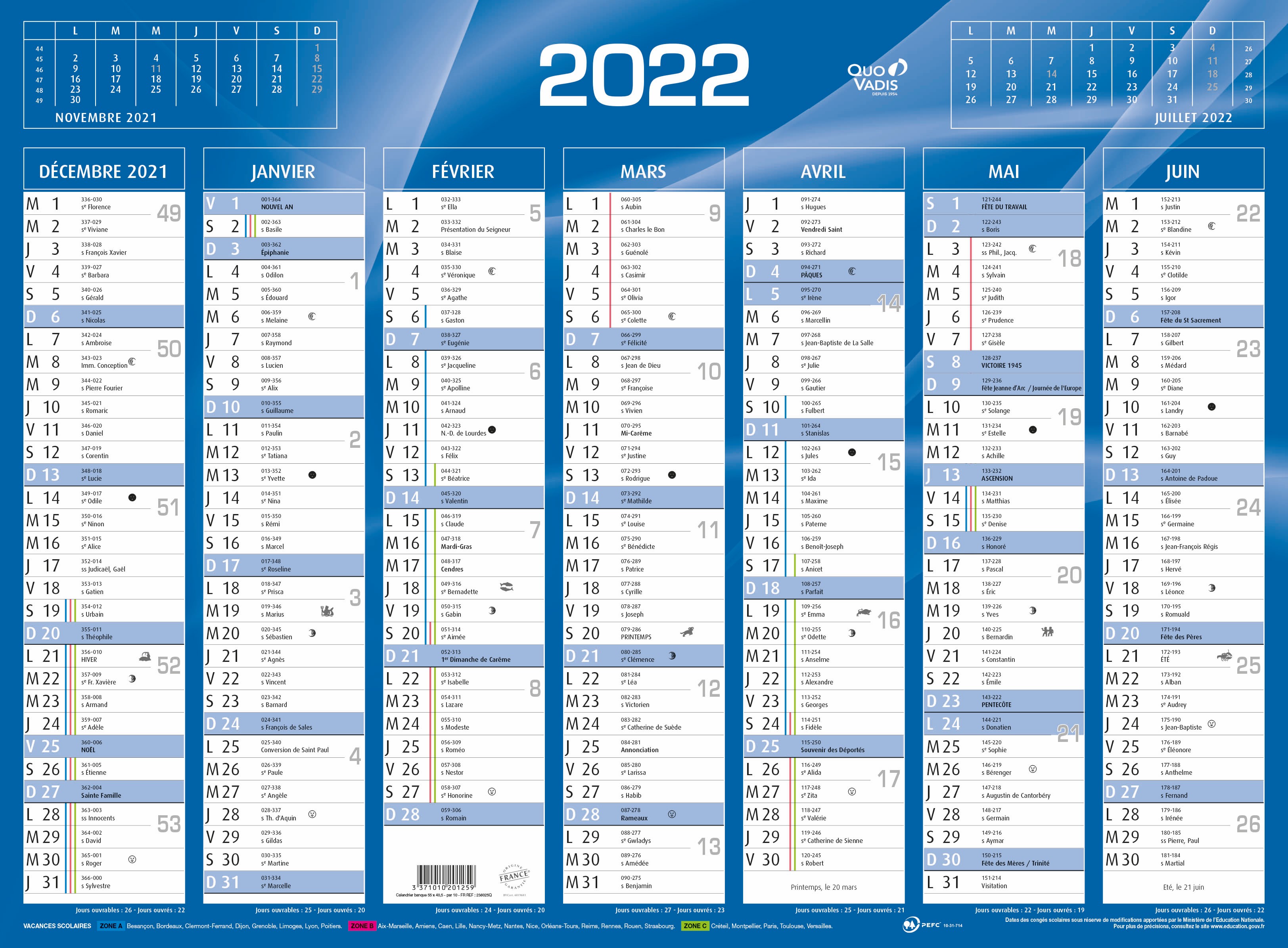 Quo Vadis - Calendrier bancaire 7 mois par face - 40,5 x 55 cm - bleu