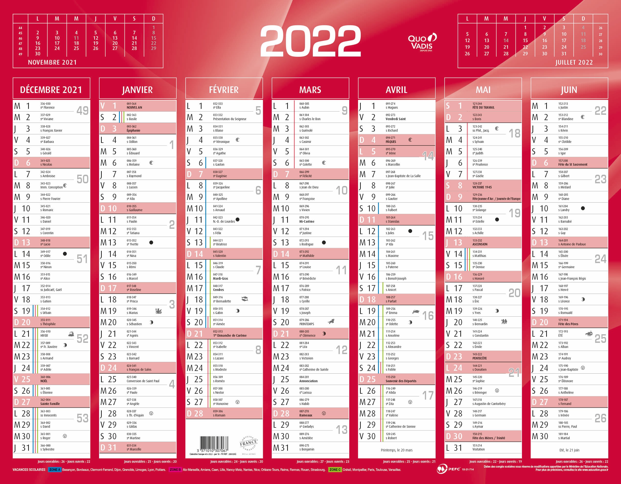 Quo Vadis - Calendrier bancaire 7 mois par face - 33,5 x 43 cm - rouge
