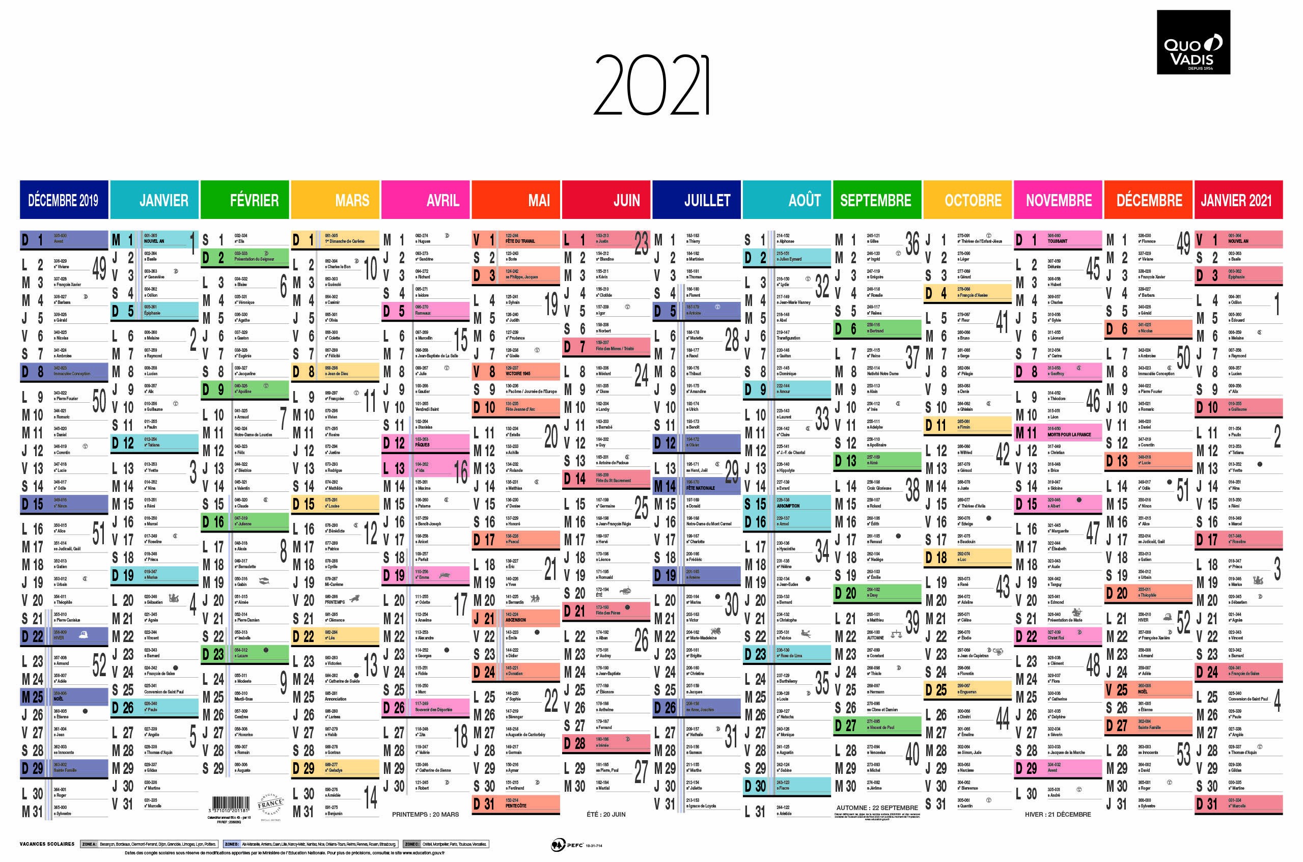Quo Vadis Arc en Ciel - Calendrier horizontal 12 mois sur 1 face - 43 x