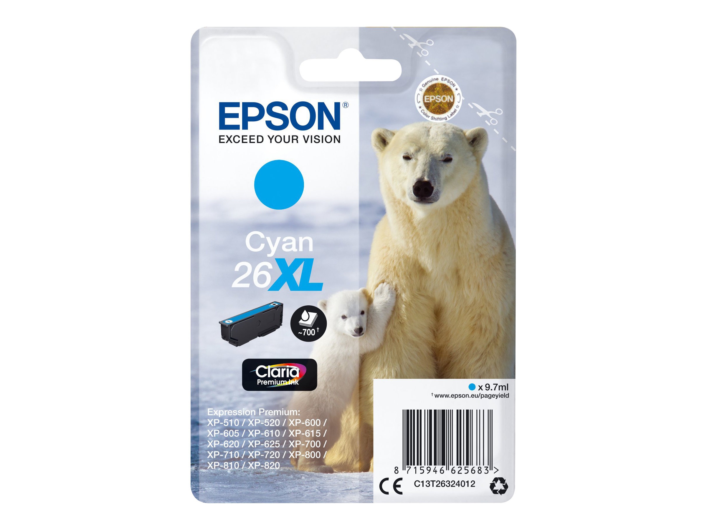 Cartouche Epson Bureau Vallee Epson 26XL Ours Polaire - cyan - cartouche d'encre originale Pas Cher