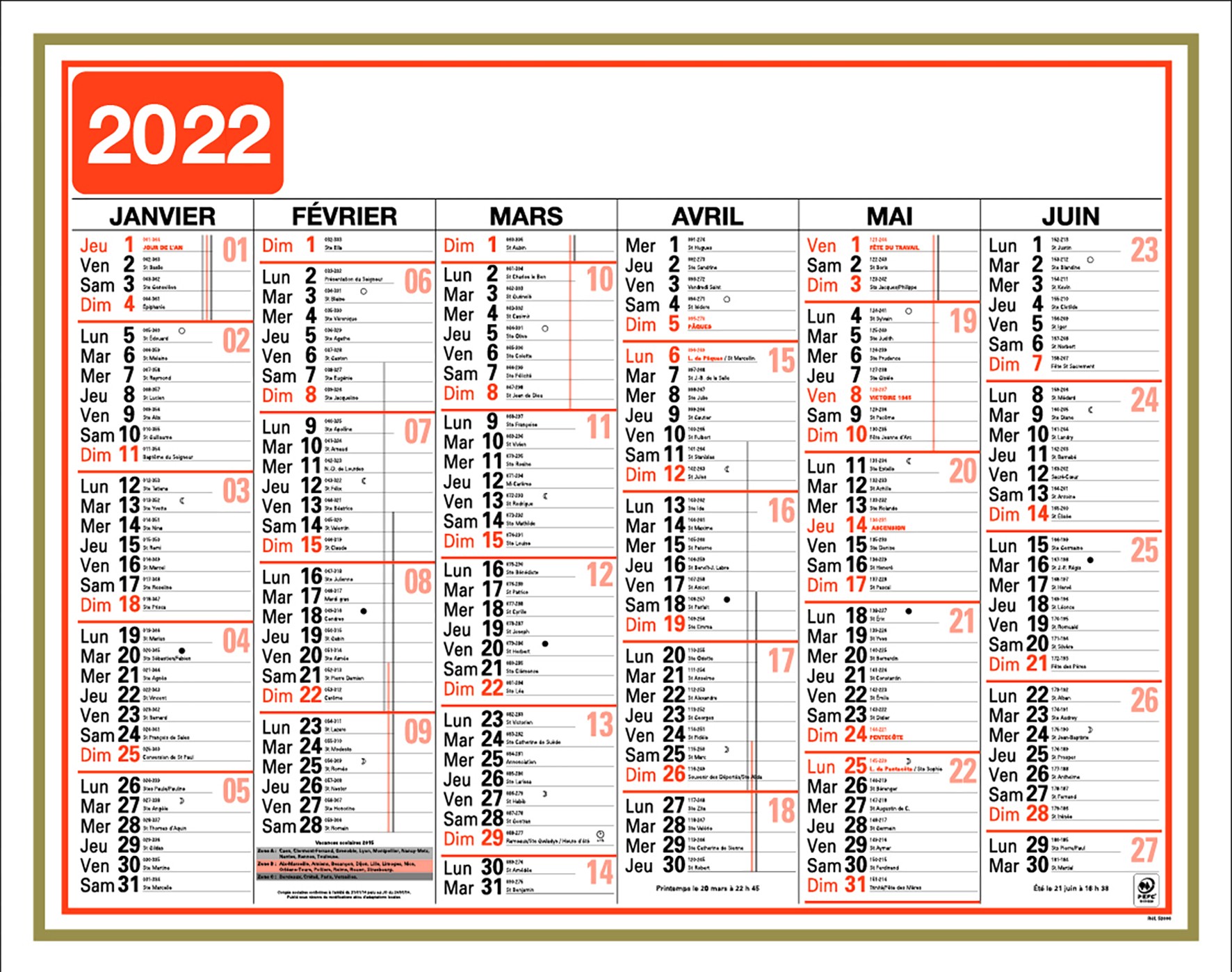 Calendrier 2022 6mois