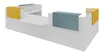 Banque d'accueil OLA - Ensemble composé de modules hauts(x2) + PMR + retours (x2) + tablettes (x2) jaune + (x2) bleu - L425 x P237,5 cm - blanc perle