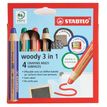 STABILO Woody 3 in 1 - Pack de 4 crayons pointe large pour ardoise - avec taille-crayon et chiffonnette - couleurs assorties