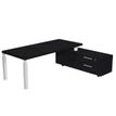 Bureau Manager FLORA - avec console retour réversible - L225 x P170 cm - pieds en métal blanc - plateau imitation frêne noir