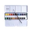 Lefranc Bourgeois - 24 Demi-godets de peinture aquarelle fine avec pinceau et palettte - boîte métal - couleurs assorties