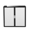 3660141931167-Armoire basse à rideaux EASY OFFICE - 110 x 104 x 41,5 cm - Corps noir - Rideaux et poignée blanc--0