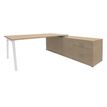 Bureau STEELY Manager - L180 x P100 x H72,5 cm - console retour à droite (2 tiroirs) L200 x P60 x H72,5 cm - pieds blanc - plateau imitation chêne clair
