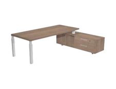 Bureau Manager FLORA - avec console retour réversible - L225 x P170 cm - pieds en métal blanc brillant - plateau imitation merisier arabis