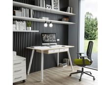 Bureau télétravail avec tiroirs - 120 cm - blanc/chêne - pieds métal blancs