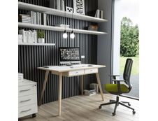 Bureau télétravail avec tiroirs - 120 cm - blanc/chêne - pieds chêne