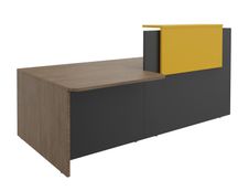 Banque d'accueil OLA - Ensemble modules haut + PMR et tablette jaune curry - L242,5 cm - structure carbone, plateau imitation noyer