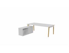 Bureau manager ROBIN - L200 x P100 cm - avec console retour à gauche L120 x P43,2 cm - plateau blanc neige - pieds en hêtre massif