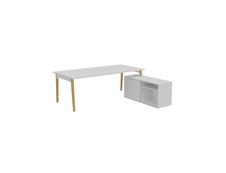 Bureau manager ROBIN - L200 x P100 cm - avec console retour à droite L120 x P43,2 cm - plateau blanc neige - pieds en hêtre massif