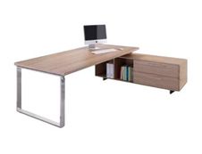 Bureau Manager FLORA - avec console retour réversible - L195 x P170 cm - pieds en métal effet chromé - plateau imitation frêne noir