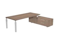 Bureau Manager FLORA - avec console retour réversible - L195 x P170 cm - pieds en métal blanc brillant - plateau imitation merisier arabis