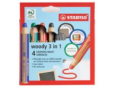 STABILO Woody 3 in 1 - Pack de 4 crayons pointe large pour ardoise - avec taille-crayon et chiffonnette - couleurs assorties