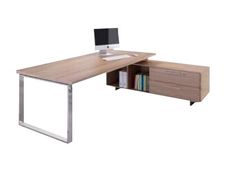Bureau Manager FLORA - avec console retour réversible - L225 x P170 cm - pieds en métal effet chromé - plateau imitation merisier arabis