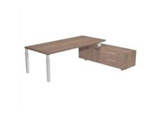 Bureau Manager FLORA - avec console retour réversible - L195 x P170 cm - pieds en métal blanc brillant - plateau imitation frêne noir