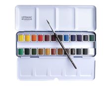 Lefranc & Bourgeois - 24 Demi-godets de peinture aquarelle fine avec pinceau et palettte - boîte métal - couleurs assorties