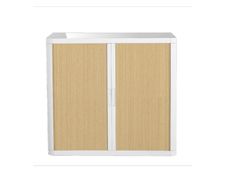 Armoire basse à rideaux EASY OFFICE - 110 x 104 x 41,5 cm - Corps et poignée blanc - Rideaux imitation hêtre