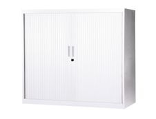 Armoire basse à rideaux - L120  x H105 x P43 cm - 2 tablettes - blanc