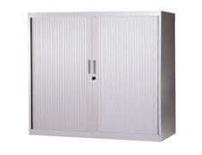 Armoire basse à rideaux - L120  x H105 x P43 cm - 2 tablettes - gris clair