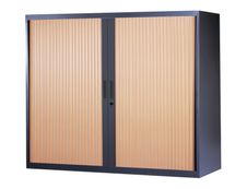 Armoire basse à rideaux - L120  x H105 x P43 cm - 2 tablettes - corps anthracite / porte hêtre