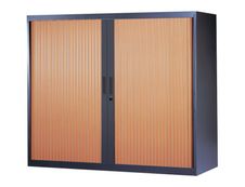 Armoire basse à rideaux - L120  x H105 x P43 cm - 2 tablettes - corps anthracite / porte merisier
