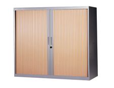 Armoire basse à rideaux - L120  x H105 x P43 cm - 2 tablettes - corps silver / porte hêtre