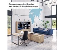 Bureau URBAN Manager - L180 x P100 x H72,5 cm - console retour à gauche (tiroirs) L200 x P60 x H72,5 cm - pieds carbone - plateau imitation chêne gris