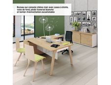 Bureau WOODY Manager - L210 x P100 x H72,5 cm - console retour à droite L200 x P60 cm - pieds blanc - plateau imitation Chêne clair