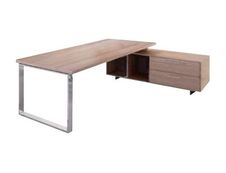 Bureau Manager FLORA - avec console retour réversible - L225 x P170 cm - pieds en métal effet chromé - plateau imitation frêne noir