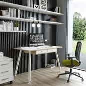 Bureau télétravail avec tiroirs - 120 cm - blanc/chêne - pieds métal blancs