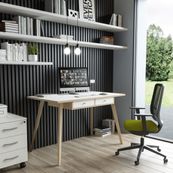 Bureau télétravail avec tiroirs - 120 cm - blanc/chêne - pieds chêne