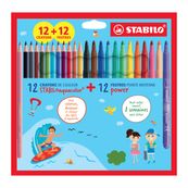 Stabilo - Etui carton mixte coloriage STABILO  X 24 - 12 feutres Power pointe moyenne  + 12 crayons de couleur STABILOaquacolor