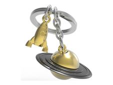 Metalmorphose - Porte-clés - Saturn with moving middle ring + rocket - alliage de zinc, stainless steel - or
