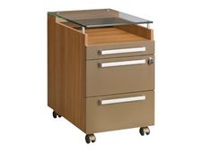 Caisson mobile SLIVER - Profondeur 62 cm - 2 tiroirs + 1 tiroir plumier - Top en verre trempé - Noyer et bronze