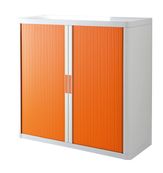 Armoire mi-haute à rideaux EASY OFFICE - 110 x 104 x 41,5 cm - Corps blanc - Rideaux et poignée orange