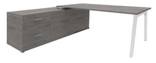 Bureau STEELY Manager - L180 x P100 x H72,5 cm - console retour à gauche (2 tiroirs) L200 x P60 x H72,5 cm - pieds blanc - plateau imitation chêne gris
