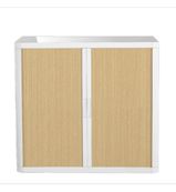 Armoire basse à rideaux EASY OFFICE - 110 x 104 x 41,5 cm - Corps et poignée blanc - Rideaux imitation hêtre