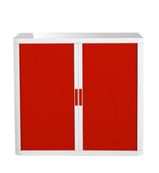 Armoire basse à rideaux EASY OFFICE - 110 x 104 x 41,5 cm - Corps blanc - Rideaux et poignée rouge