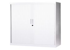 Armoire basse à rideaux - L120  x H105 x P43 cm - 2 tablettes - blanc