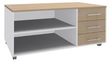 Console mobile LEVEL/STEELY/WOODY - L120 x H63 x P60 cm - 3 tiroirs - coté blanc - finition tiroirs et dessus imitation Chêne clair