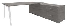 Bureau STEELY Manager - L180 x P100 x H72,5 cm - console retour à droite (2 tiroirs) L200 x P60 x H72,5 cm - pieds blanc - plateau imitation chêne gris