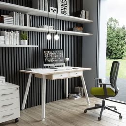 Bureau télétravail avec tiroirs - 120 cm - blanc/chêne - pieds métal blancs