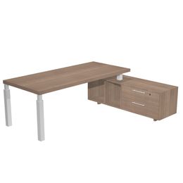 Bureau Manager FLORA - avec console retour réversible - L195 x P170 cm - pieds en métal blanc - plateau imitation merisier arabis