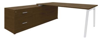 Bureau STEELY Manager - L180 x P100 x H72,5 cm - console retour à gauche (2 tiroirs) L200 x P60 x H72,5 cm - pieds blanc - plateau imitation noyer